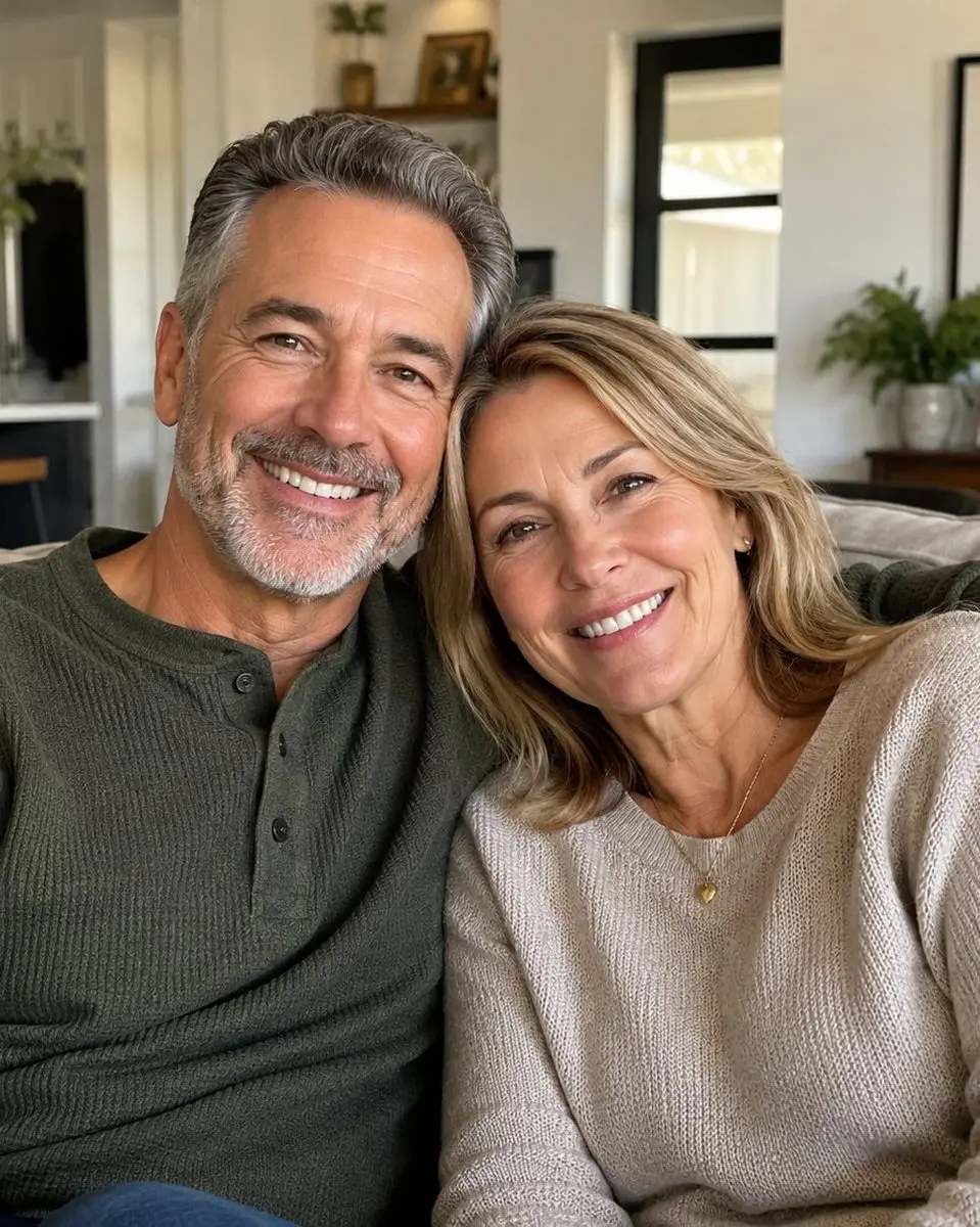 A happy couple on their couch at home